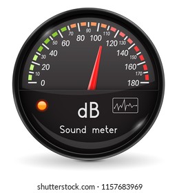 Volume unit meter. Sound audio equipment. Black glass gauge with chrome frame. Vector 3d illustration isolated on white background