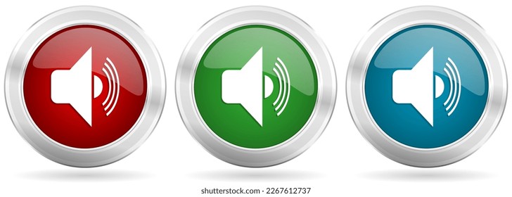 Volume vector icon set. Red, blue and green silver metallic web buttons with chrome border