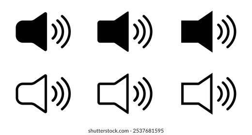 Conjunto de ícones de vetor de volume. Conjunto de ícones de alto-falante. ícone de glifo de volume. Sinal de som de voz em vetor preto.