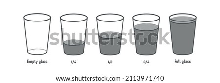 Volume water. Liquid of glasses empty half full quarter. Bulk fractions. Vector