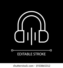 Volume white linear icon for dark theme. Reducing level of music playing. Editing media content. Thin line customizable illustration. Isolated vector contour symbol for night mode. Editable stroke