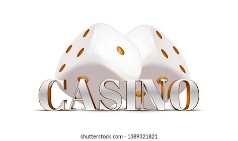 
Volume white-gold casino text with playing white dice on a white background. Isolated text. 3d effect. Vector.