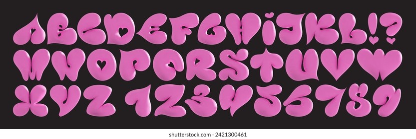 Volumetrisches 3D-Alphabet von Herzen für den Valentinstag. Rosa helle feminine Schriftart im koreanischen Stil Y2k. Kühne und trotzige spielerische Formen. Liebesbrief.