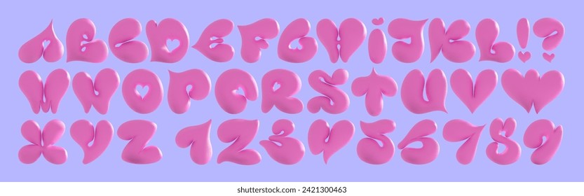 Alfabeto 3D volumétrico de corazones para el Día de San Valentín. Fuente femenina rosa brillante de estilo coreano Y2k. Formas de juego audaces y desafiantes. Carta de amor.