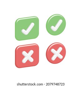 Volumetric 3D buttons in form of circle and square with icons, check and cross symbols. Vector, positive, negative sign in red, green. Choice of options. Good, wrong mark.