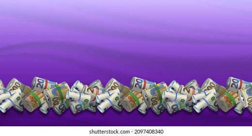 Volumetric 3d EU paper money, twisted and tied with rubber bands, folded in a horizontal line, with shadows on a purple wavy background. Banknotes of 20, 50 and 200 euros. Economic banner sample