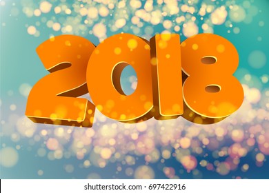 Volumetric 3d inscription 2018 and happy new year, yellow color, design element for calendar or catalog. A gentle background with a bokeh effect and brilliance.