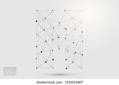 Letras 3D volumétricas de color gris oscuro sobre un fondo blanco. Consiste en triángulos, círculos, líneas, puntos y telarañas. Ilustración vectorial eps 10. 