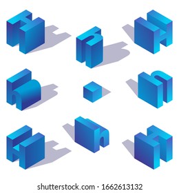 Volumetric 3d style isometric blue english letter h with shadow