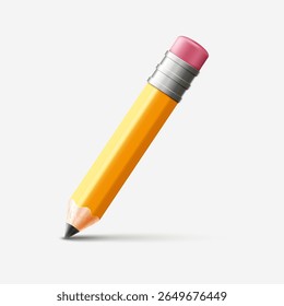 Volumetric 3D yellow wooden pencil with eraser. Realistic short pencil for sketching, writing, or design. Vector icon isolated on white background.