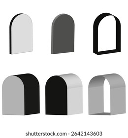 Volumetric arch icons. Three dimensional structure. Grey portal shape. Vector architecture form.