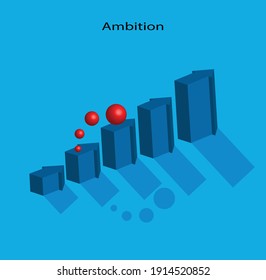 volumetric arrows of different heights in solid blue with a shadow on a light blue background. the red ball gallops forward. motivation. career growth