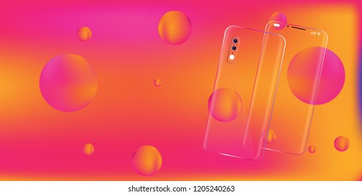 Volumetric balls in motion, liquid gradient, bright background, new smartphone