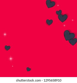 Volumetric black hearts on a pink background with twinkling elements. Glamorous background with hearts for Valentine's day. Confetti.