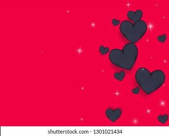 Volumetric black hearts on a pink background with twinkling elements. Glamorous background with hearts for Valentine's day. Confetti.