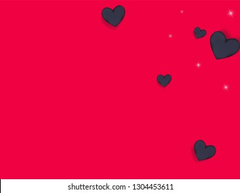 Volumetric black hearts on a pink background with twinkling elements. Glamorous background with hearts for Valentine's day. Confetti.