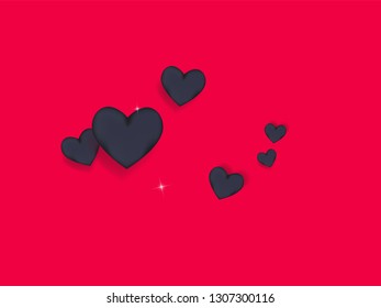 Volumetric black hearts on a pink background with twinkling elements. Glamorous background with hearts for Valentine's day. Confetti.
