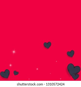 Volumetric black hearts on a pink background with twinkling elements. Glamorous background with hearts for Valentine's day. Confetti.