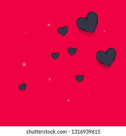 Volumetric black hearts on a pink background with twinkling elements. Glamorous background with hearts for Valentine's day. Confetti.
