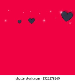 Volumetric black hearts on a pink background with twinkling elements. Glamorous background with hearts for Valentine's day. Confetti.