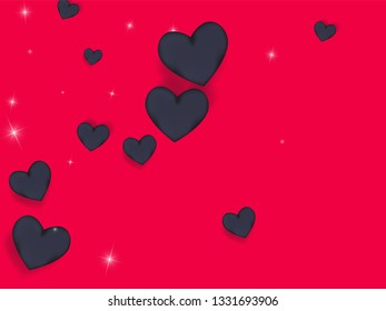 Volumetric black hearts on a pink background with twinkling elements. Glamorous background with hearts for Valentine's day. Confetti.