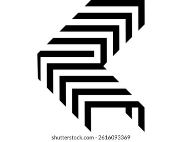 Volumetric black and white vector arrow from parallel lines on a white background. Sporty striped pattern in retro style. Direction indicator, navigation. pointer Vector background. 3 d