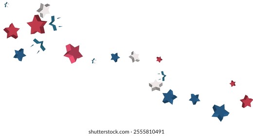 Volumetric blue, red and white stars are scattered on a white background. Festive background