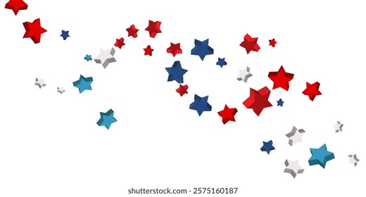 Volumetric blue, red and white stars are scattered on a white background. Festive background