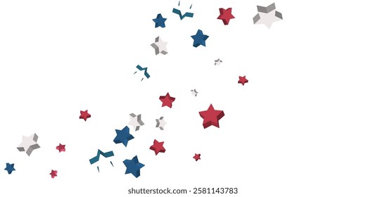 Volumetric blue, red and white stars are scattered on a white background. Festive background