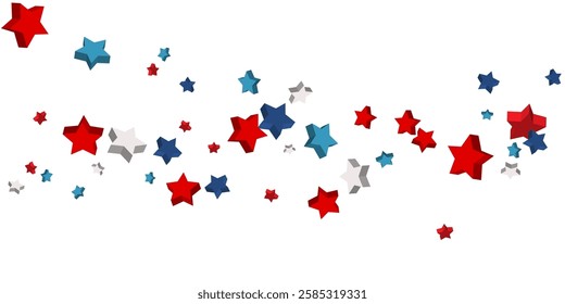 Volumetric blue, red and white stars are scattered on a white background. Festive background
