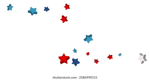 Volumetric blue, red and white stars are scattered on a white background. Festive background