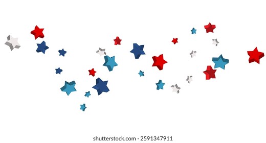 Volumetric blue, red and white stars are scattered on a white background. Festive background