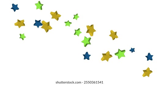 Volumetric blue, yellow and green stars are scattered on a white background. Festive background