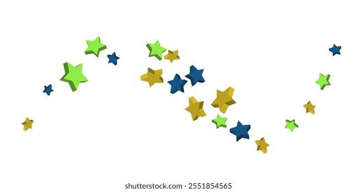 Volumetric blue, yellow and green stars are scattered on a white background. Festive background