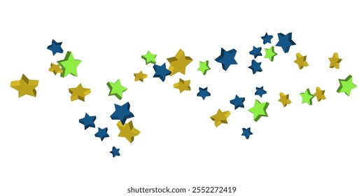 Volumetric blue, yellow and green stars are scattered on a white background. Festive background