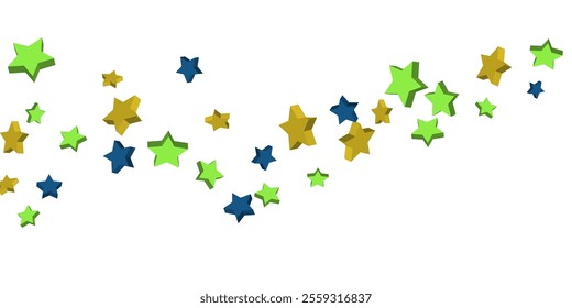 Volumetric blue, yellow and green stars are scattered on a white background. Festive background