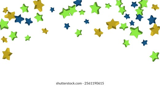 Volumetric blue, yellow and green stars are scattered on a white background. Festive background