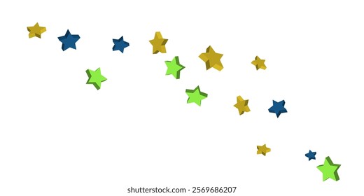 Volumetric blue, yellow and green stars are scattered on a white background. Festive background