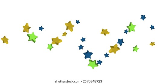 Volumetric blue, yellow and green stars are scattered on a white background. Festive background