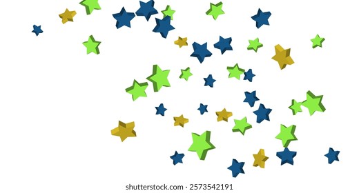 Volumetric blue, yellow and green stars are scattered on a white background