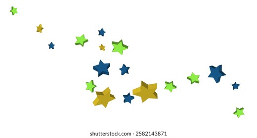 Volumetric blue, yellow and green stars are scattered on a white background. Festive background