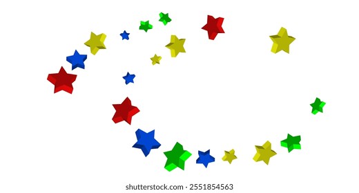 Volumetric blue, yellow, red and green stars are scattered on a white background. Festive background