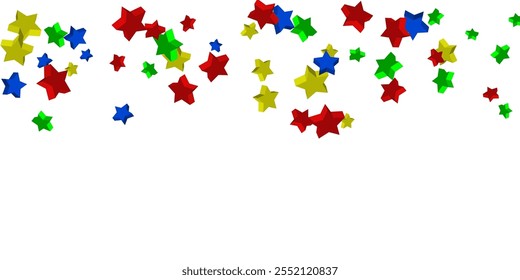 Volumetric blue, yellow, red and green stars are scattered on a white background. Festive background