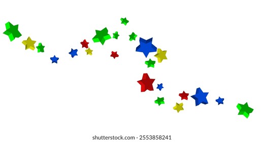 Volumetric blue, yellow, red and green stars are scattered on a white background. Festive background