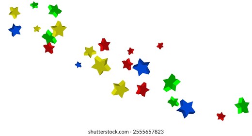 Volumetric blue, yellow, red and green stars are scattered on a white background. Festive background