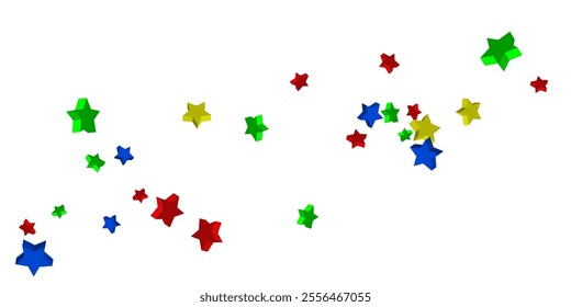 Volumetric blue, yellow, red and green stars are scattered on a white background. Festive background