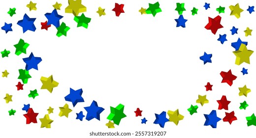 Volumetric blue, yellow, red and green stars are scattered on a white background. Festive background