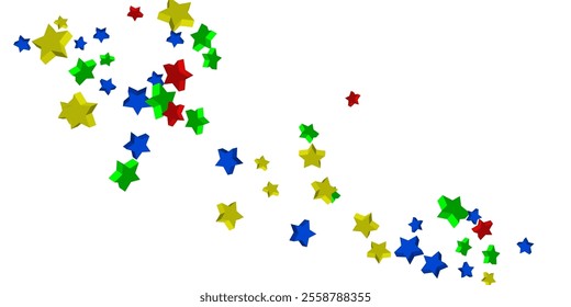 Volumetric blue, yellow, red and green stars are scattered on a white background. Festive background