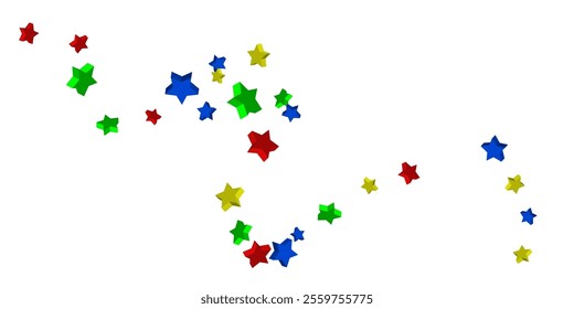 Volumetric blue, yellow, red and green stars are scattered on a white background. Festive background