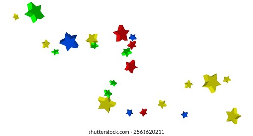 Volumetric blue, yellow, red and green stars are scattered on a white background. Festive background